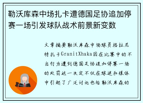 勒沃库森中场扎卡遭德国足协追加停赛一场引发球队战术前景新变数