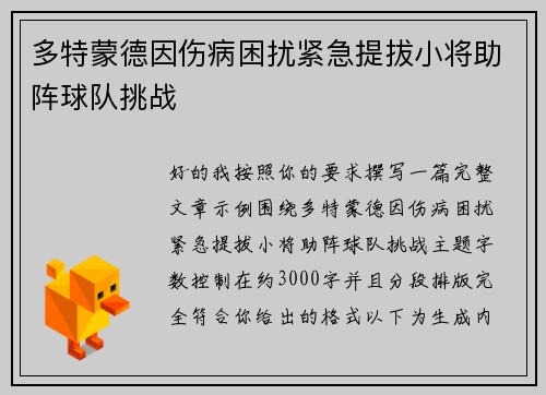 多特蒙德因伤病困扰紧急提拔小将助阵球队挑战